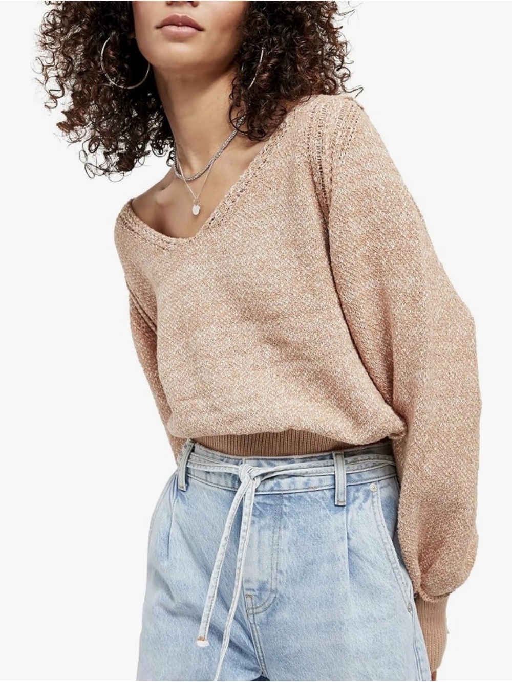 Free People Rip-Tide Sweater Neutral Textured Beige V-neck NEW Sz XS/S